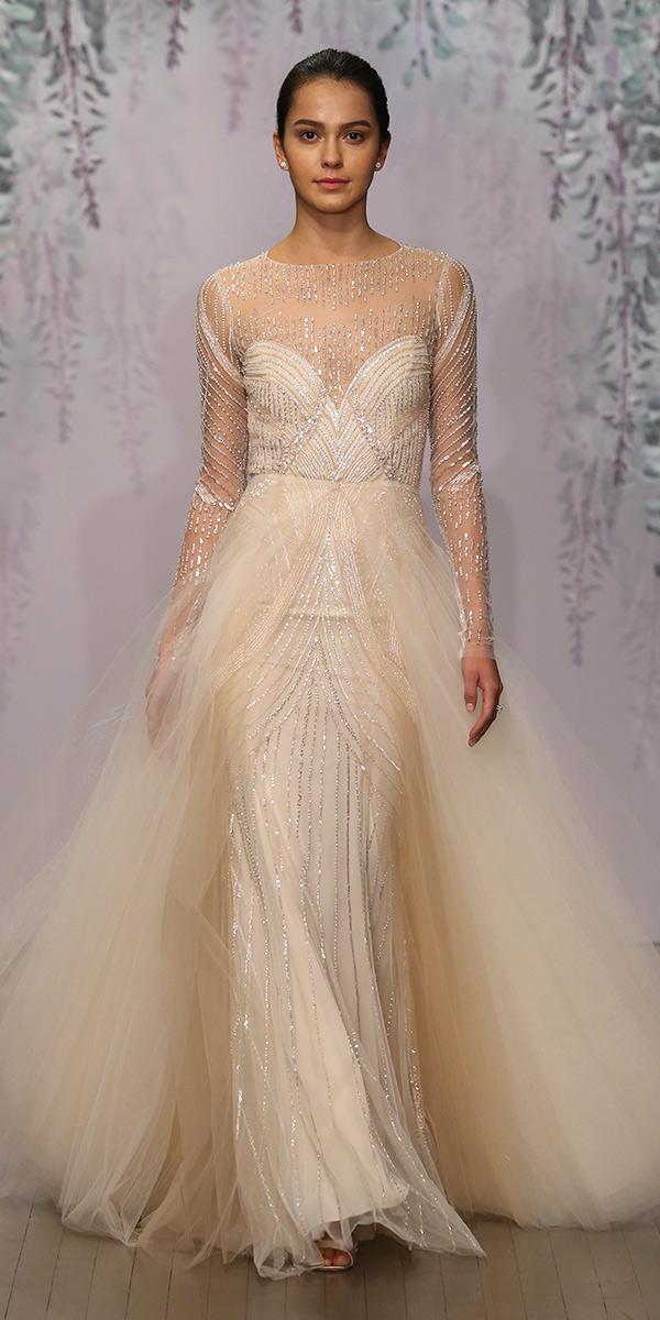 nude illusion bateau a line layered skirt long sleeve wedding dresses monique lhuillier