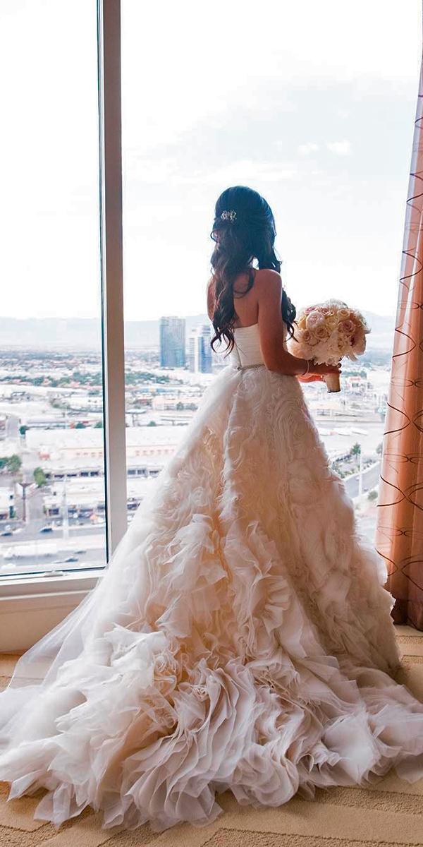 nude with ruffles skirt a line with long train monique lhuillier wedding dresses