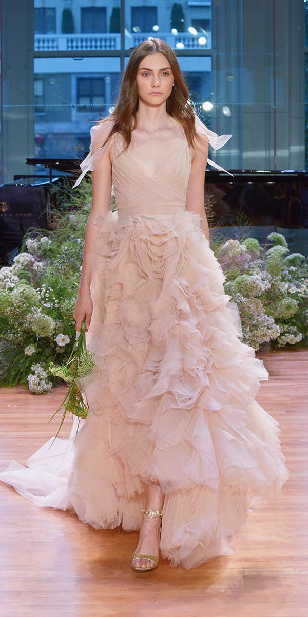 nude a line v neck wedding dresses with ruffles skirt monique lhuillier 2017