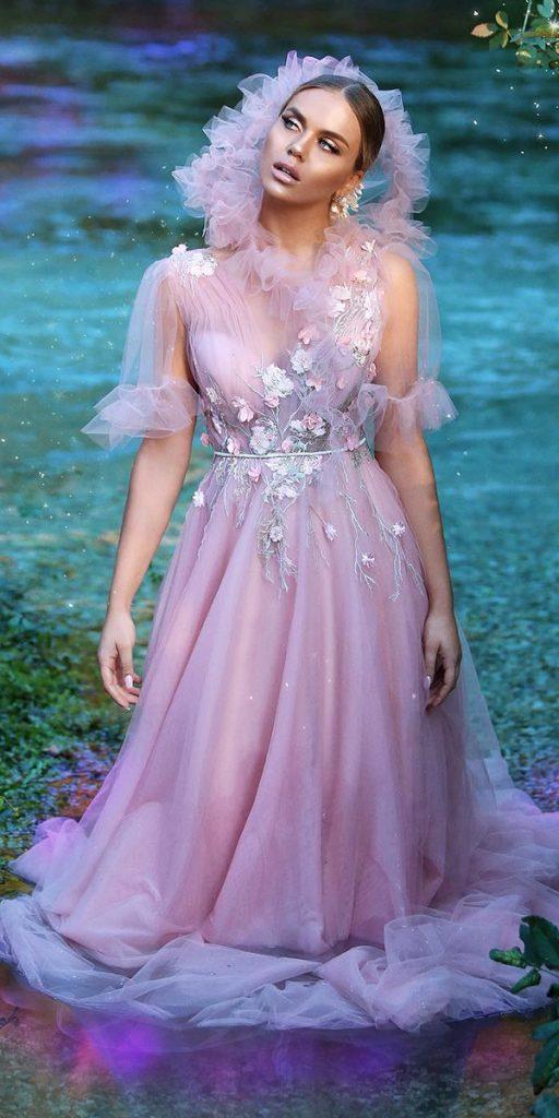 pink wedding dresses a line with illusion cap sleeves floral appliques juxhinkurti