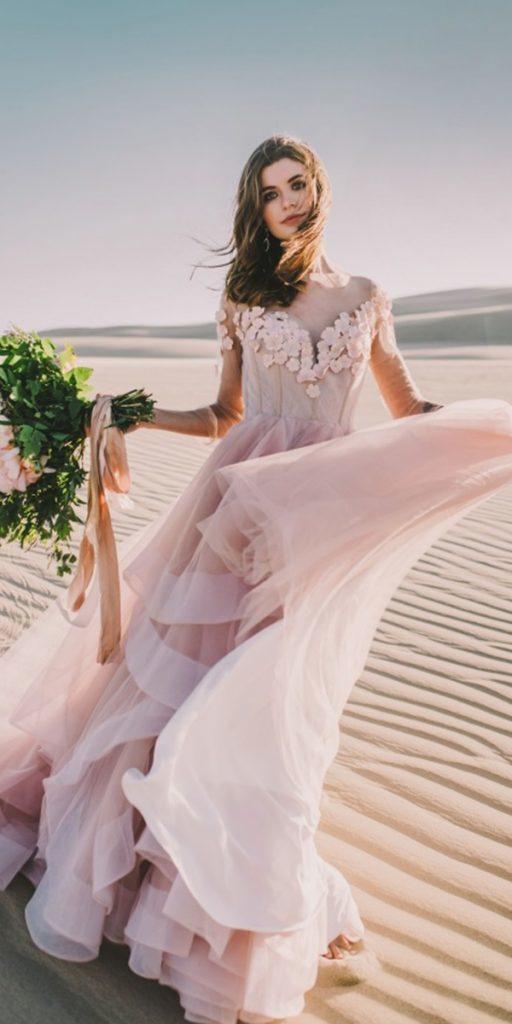 pink wedding dresses a line with long sleeves illusion neckline michelle roller