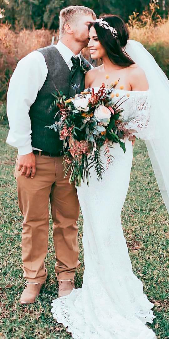 sheath boho lace- ff the shoulder wedding dresses kay bee