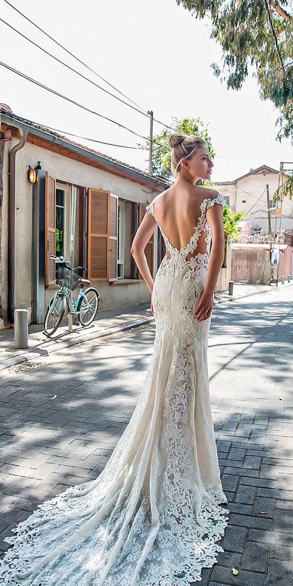 sheath lace- low back off the shoulder wedding dresses michal medina