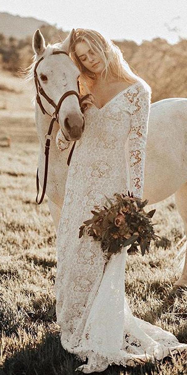 beach sheath wedding dresses lace v neckline long sleeve rustic forloveandlight
