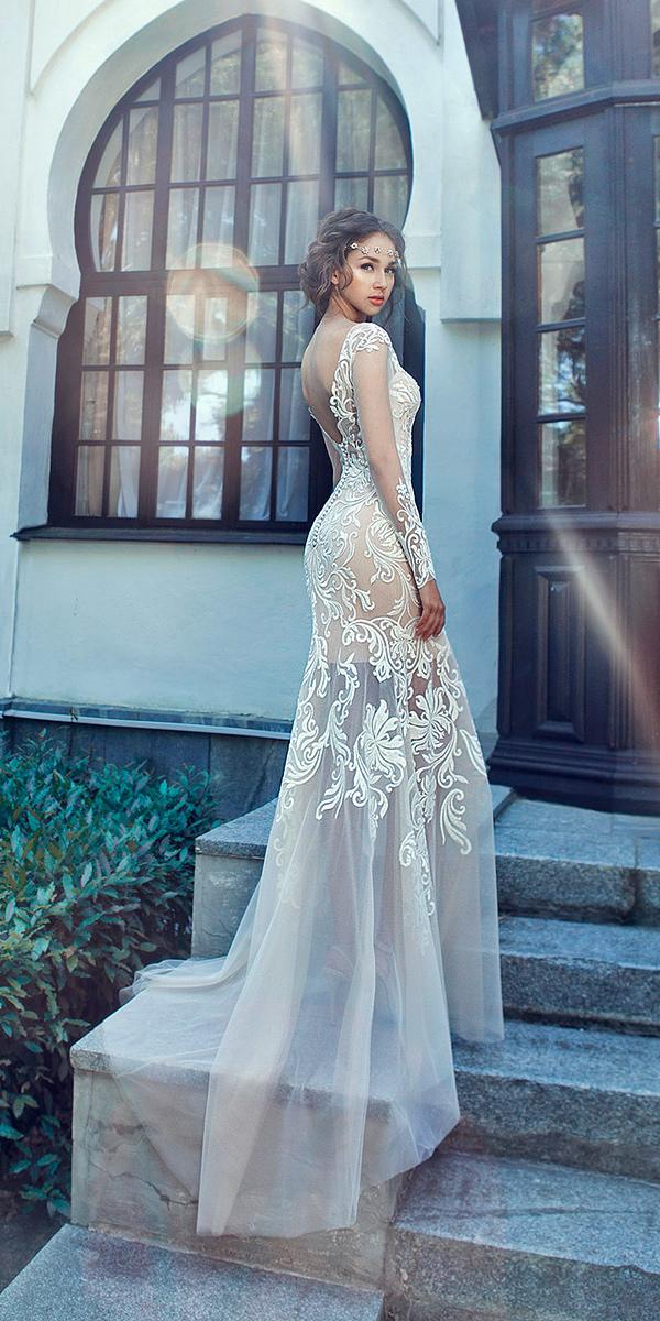 sheath with embroidered lace and illusion sweetheart and long sleeves and train milva wedding dresses