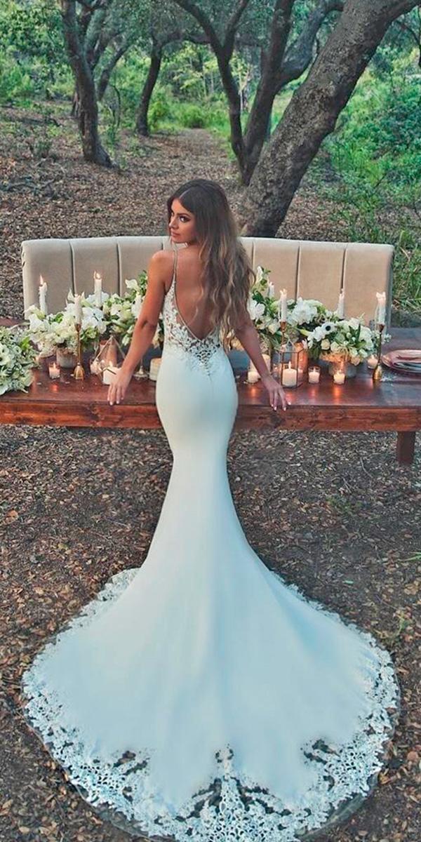 simple sheath with spaghetti strap and v open back and train enzoani wedding dresses