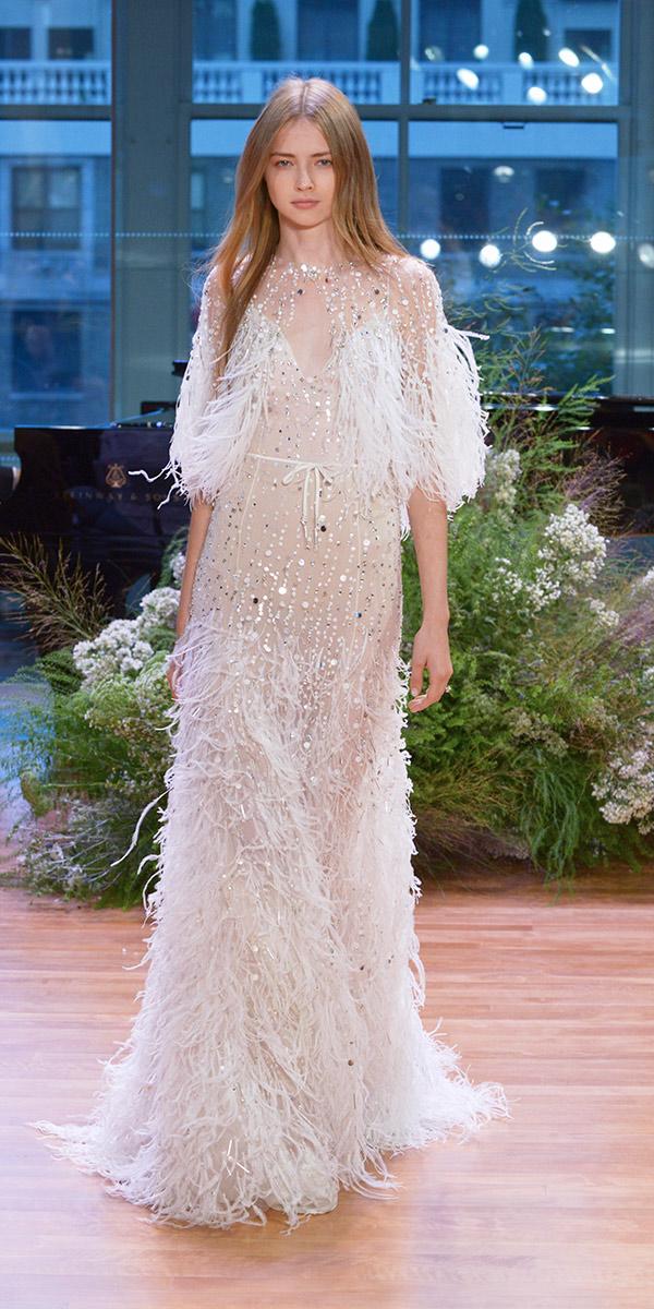 sparkling sheath embroidered with feathers wedding dresses 2017 monique lhuillie