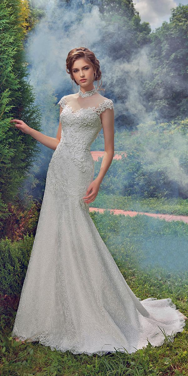 trumpet with embroidered lace and illusion sweetheart and off shoulder and train milva wedding dresses