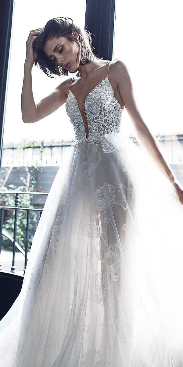 wedding dress neckline a line spaghetti straps deep v neckline floral lace top riki dalal bridal