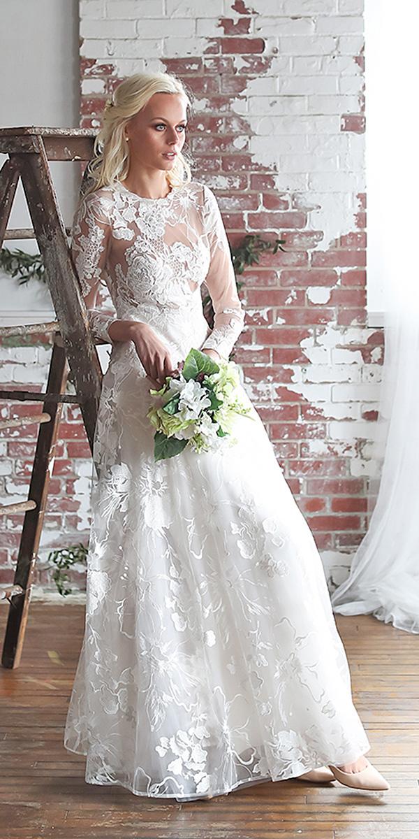 a line with illusion long sleeves floral barbara kavchok wedding dresses 2018
