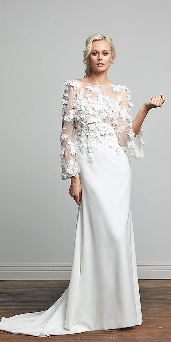 barbara kavchok wedding dresses 2018 with long sleeves sheer bodice crepe skirt floral appliques