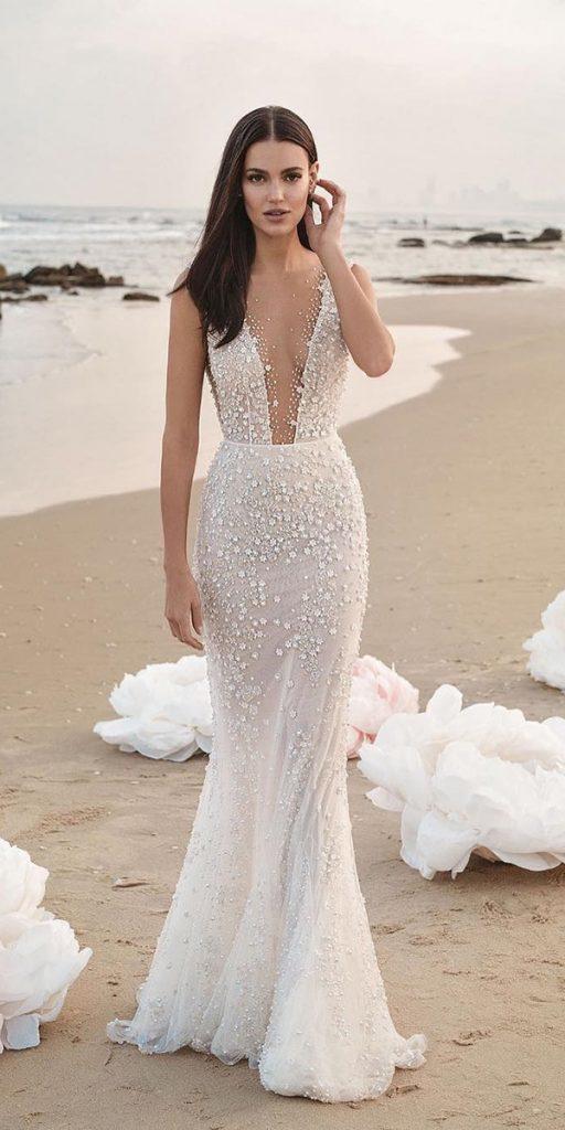  beach wedding dresses trumpet illusion plunging neckline lee grebenau