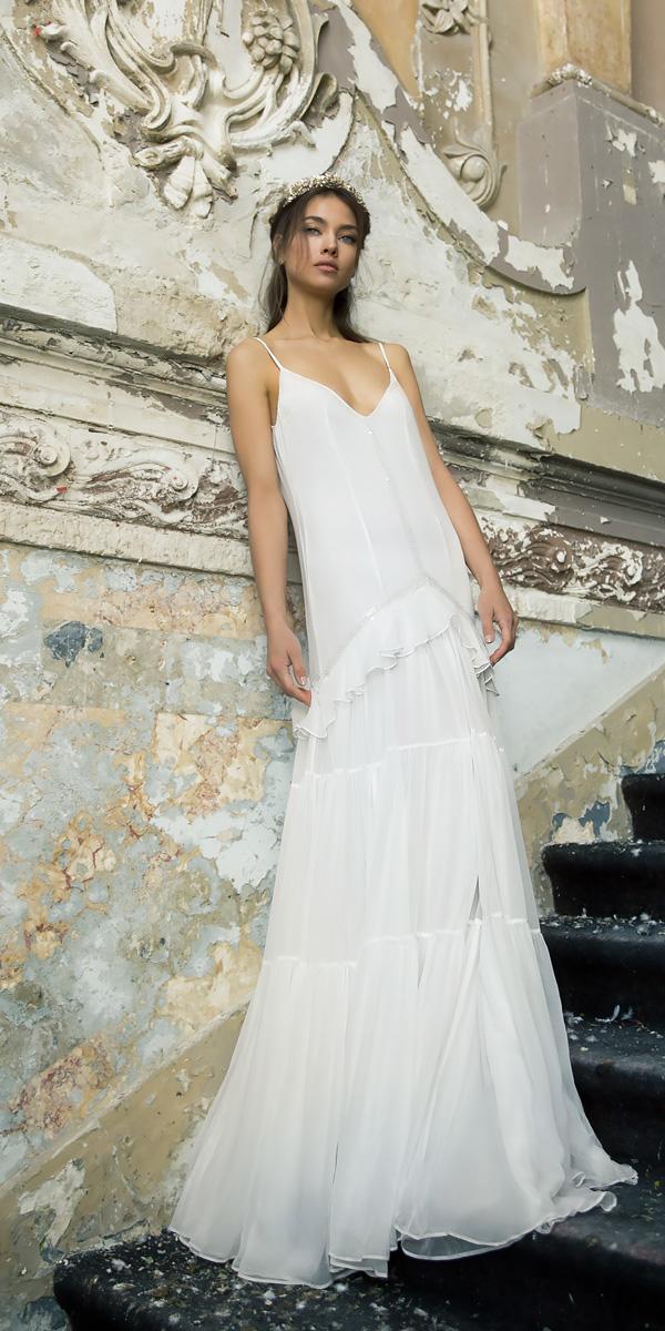 beach wedding dresses v neck spaghetti straps with layered skirt vered vaknin