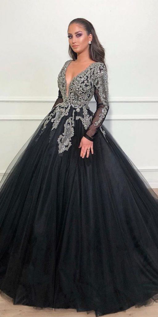 black wedding dresses ball gown with long sleeves v neckline silver beaded fjollanilaofficial