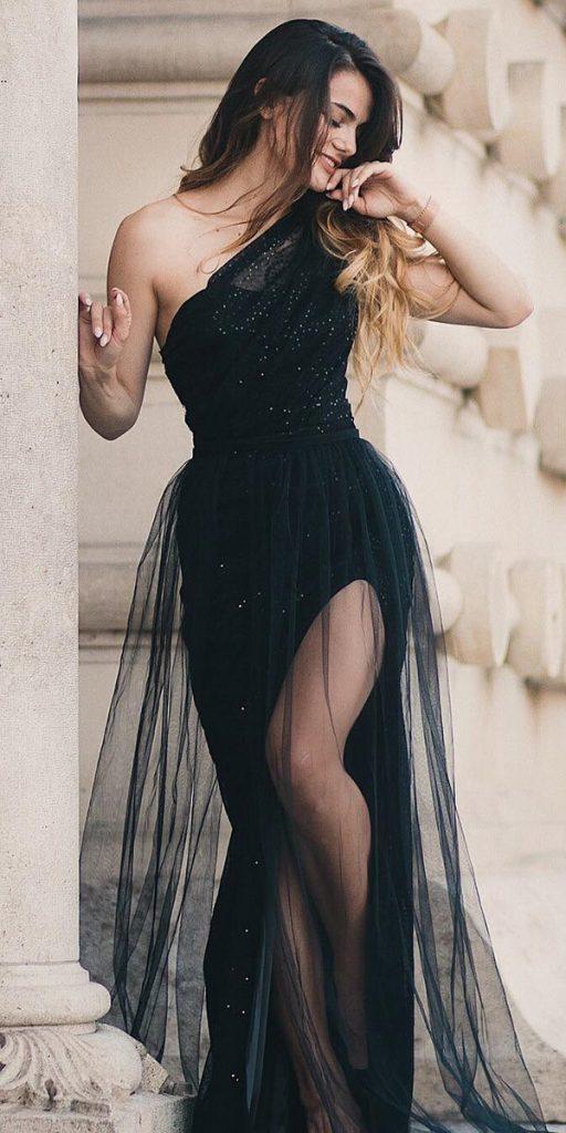 black wedding dresses one shoulder slit with tulle skirt ligia mocan