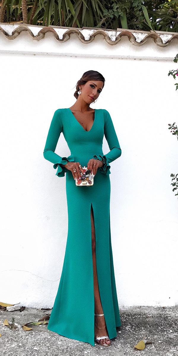 fall wedding guest dresses long green with sleeves slit rociio osorno