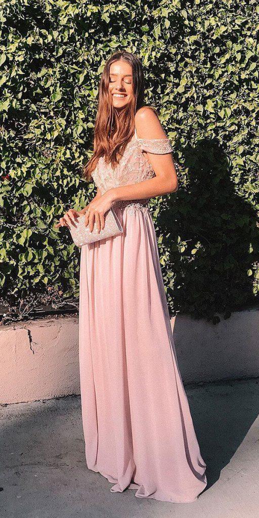 fall wedding guest dresses long pink off the shoulder davids bridal