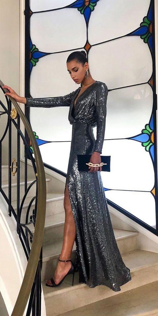 fall wedding guest dresses long with long plunging neckline sequins pronovias