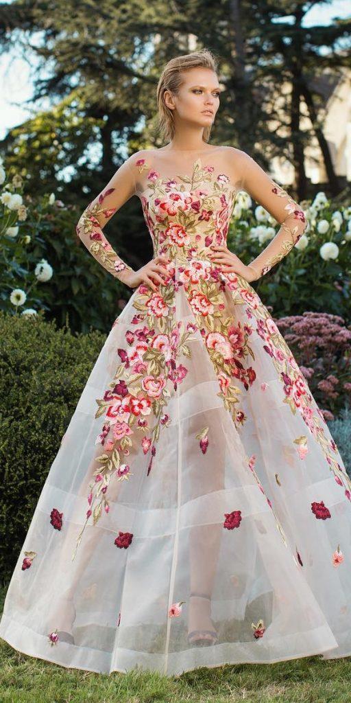 floral wedding dresses a line illusion long sleeves appliques sophiecouture
