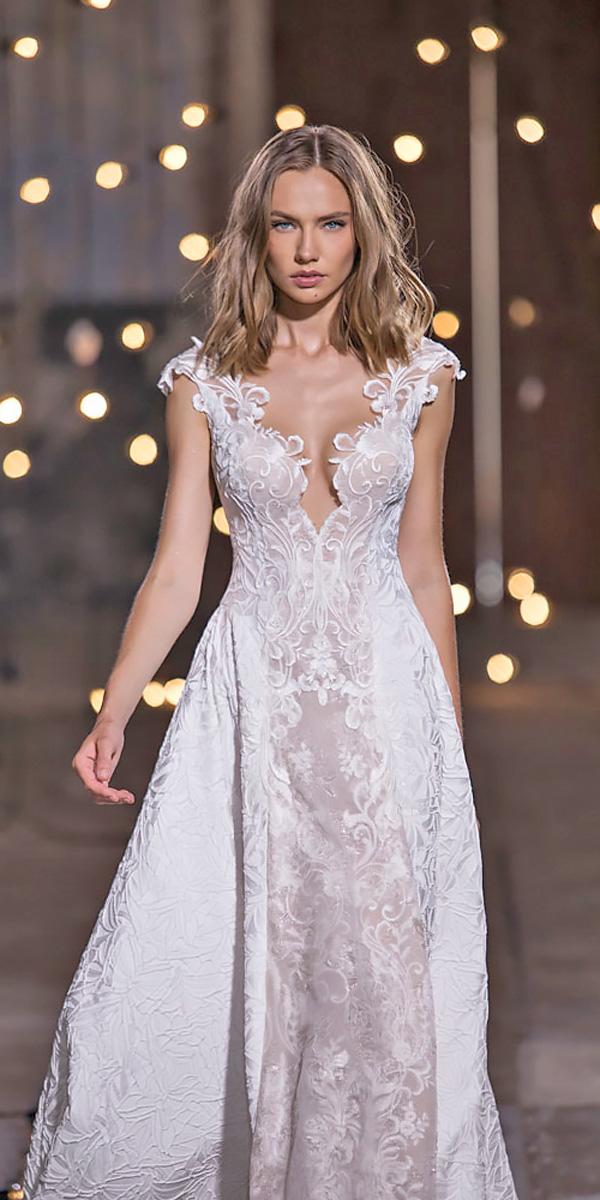lace deep v neckline cap sleeve nurit hen wedding dresses