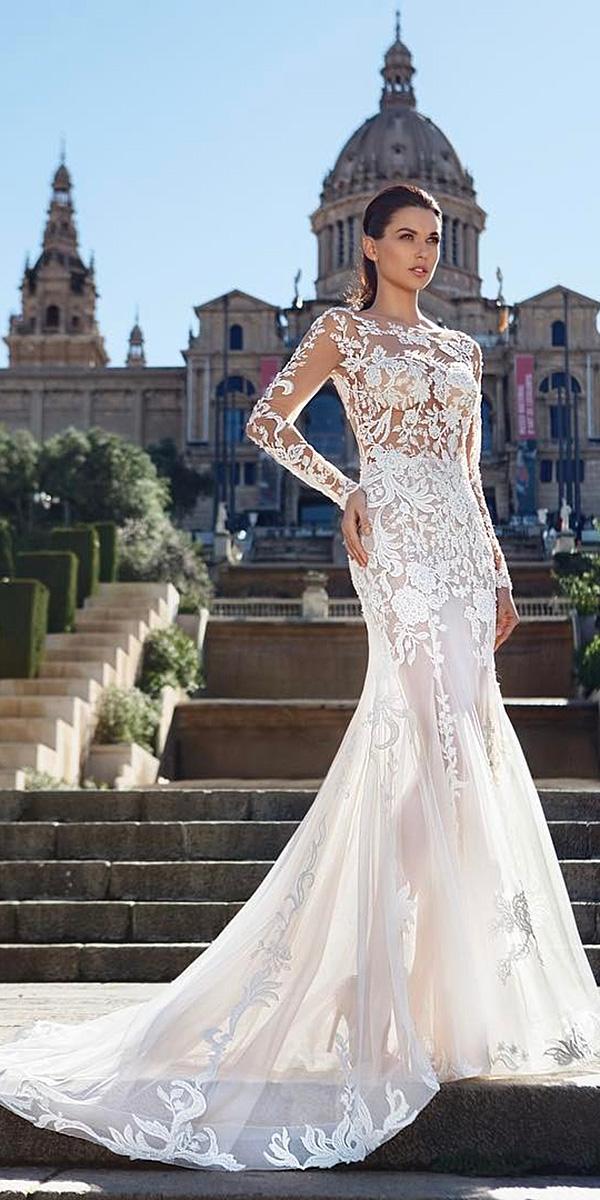 lace wedding dresses mermaid illusion sleeves floral embellishment ricca sposa