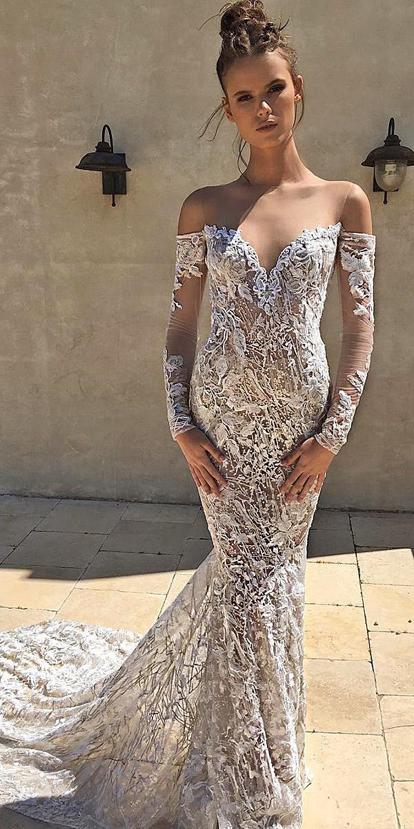 lace wedding dresses mermaid off the shoulder sleeves floral embellishment sweetheart berta