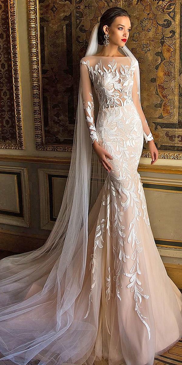 lace wedding dresses with floral illusion sleeves mermaid sexy milla nova