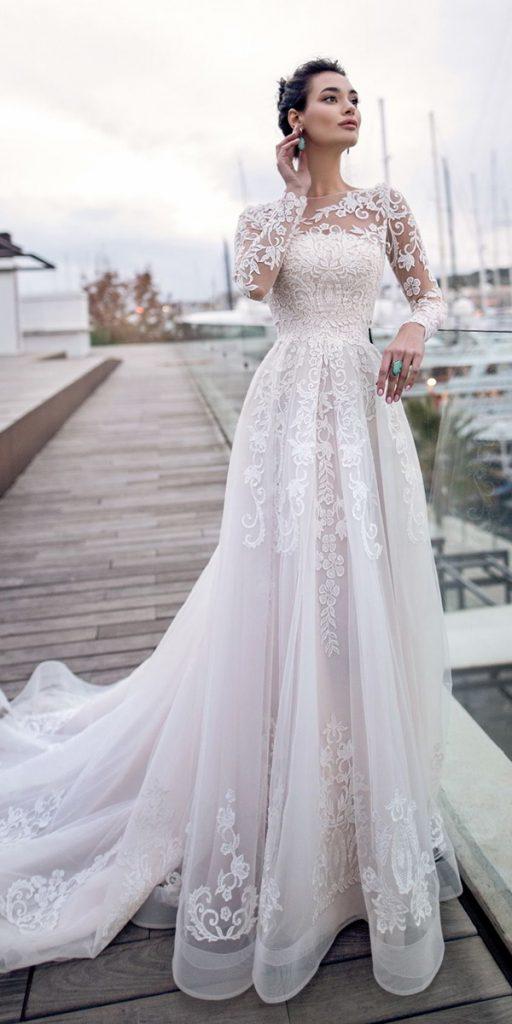lace wedding dresses with long sleeves a line with train nora naviano