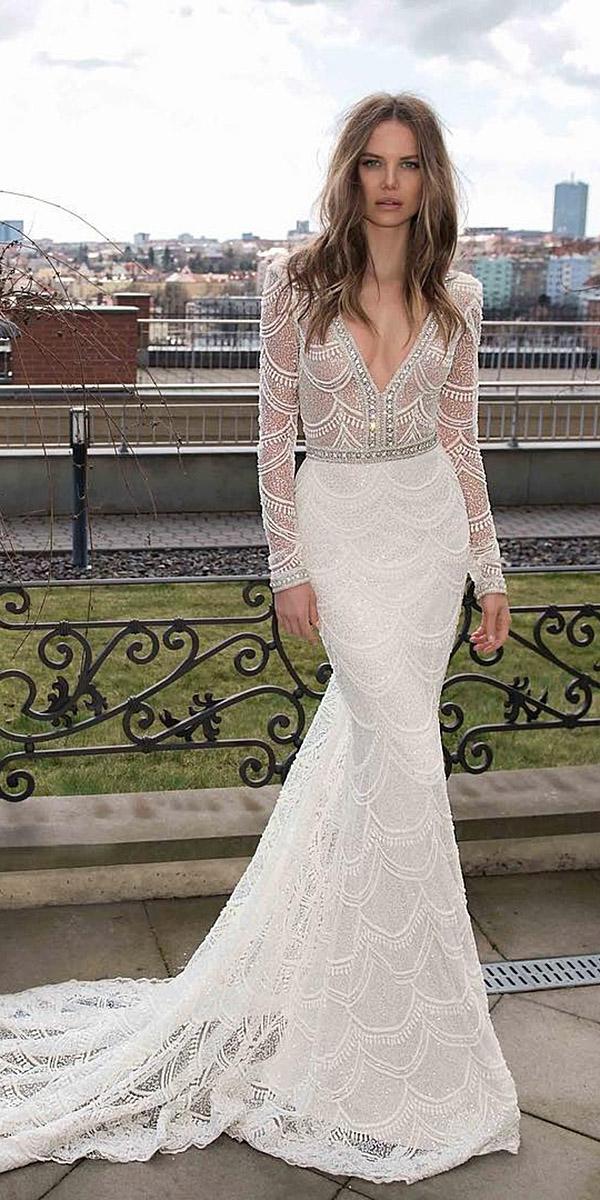 lace wedding dresses with long sleeves mermaid deep v neckline berta