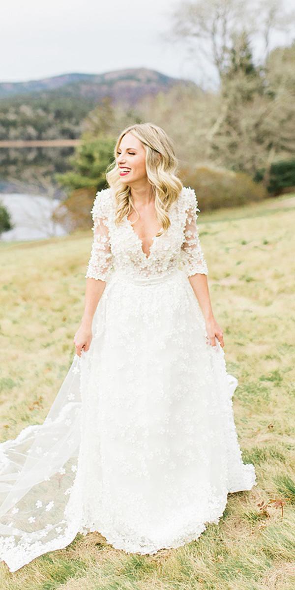 lace wedding dresses with sleeves a line with three quote sleeves floral tarikediz official