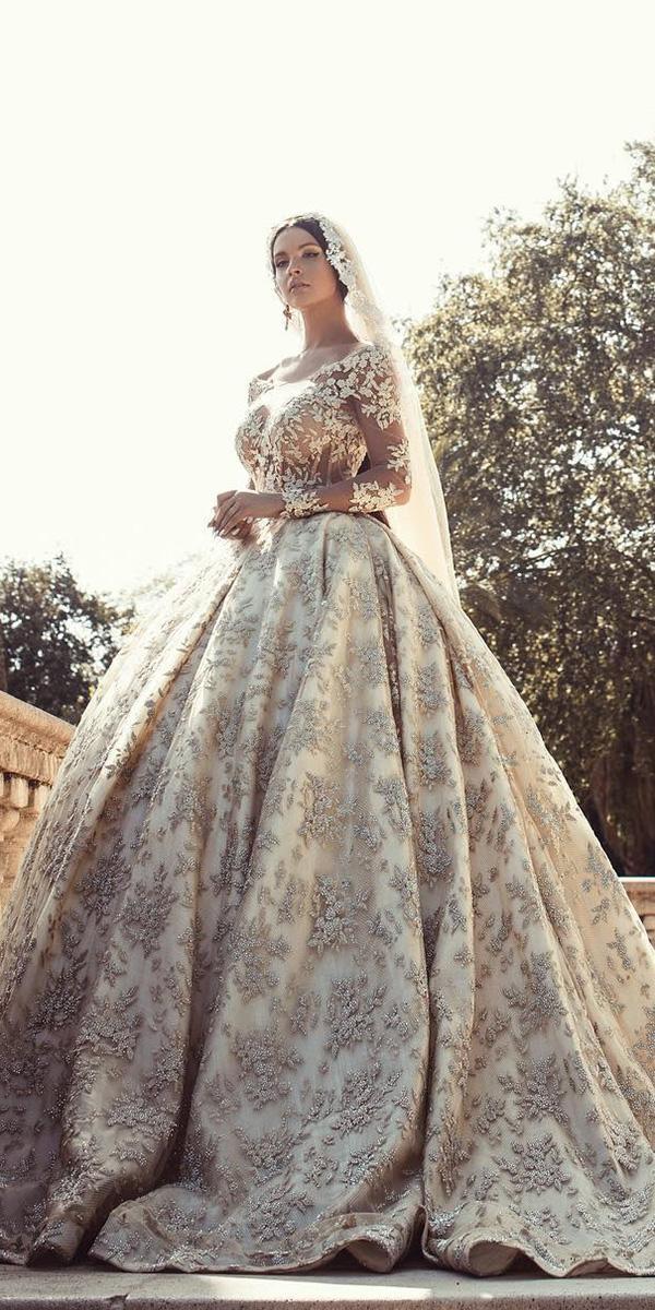 lace wedding dresses with sleeves ball gown illusion neckline floral embellishment endrit mertiri