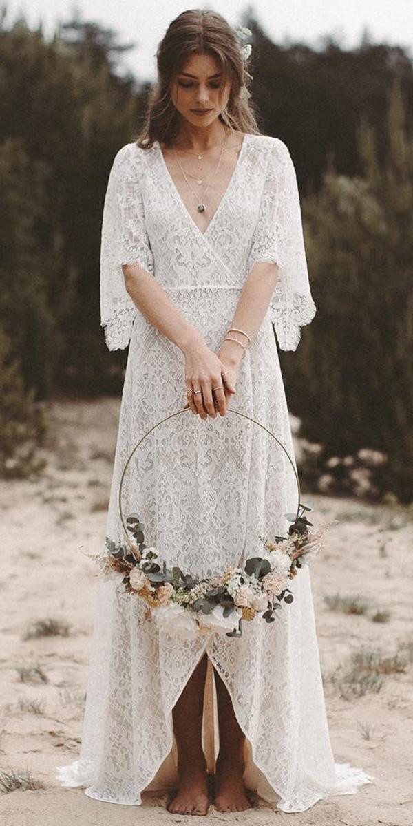 lace wedding dresses with sleeves boho v neckline light and lace couture