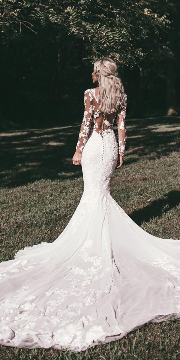 lace wedding dresses with sleeves mermaid floral illusion back sexy pronovias