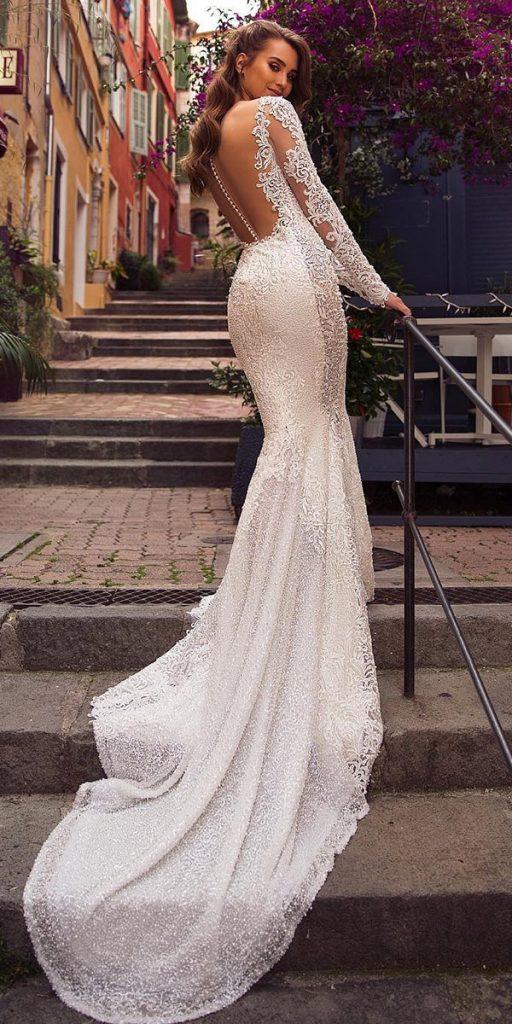 lace wedding dresses with sleeves mermaid illusion back with train viero bridal