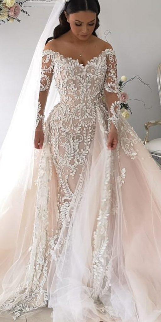 lace wedding dresses with sleeves off the shoulder with overskirt blush steven khalil