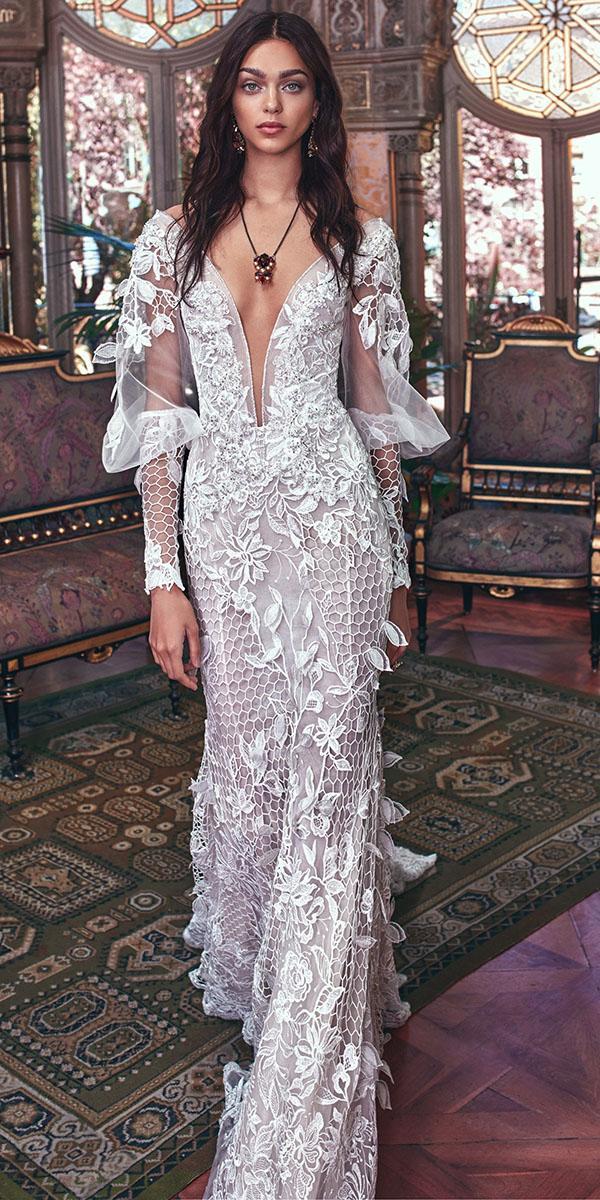 lace wedding dresses with sleeves sheath deep v neckline floral appliques galia lahav