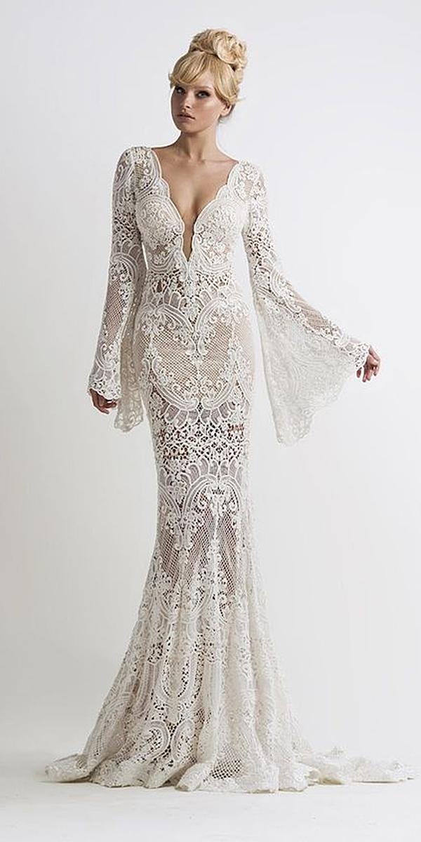 lace wedding dresses with sleeves sheath deep v neckline full lace oved cohen