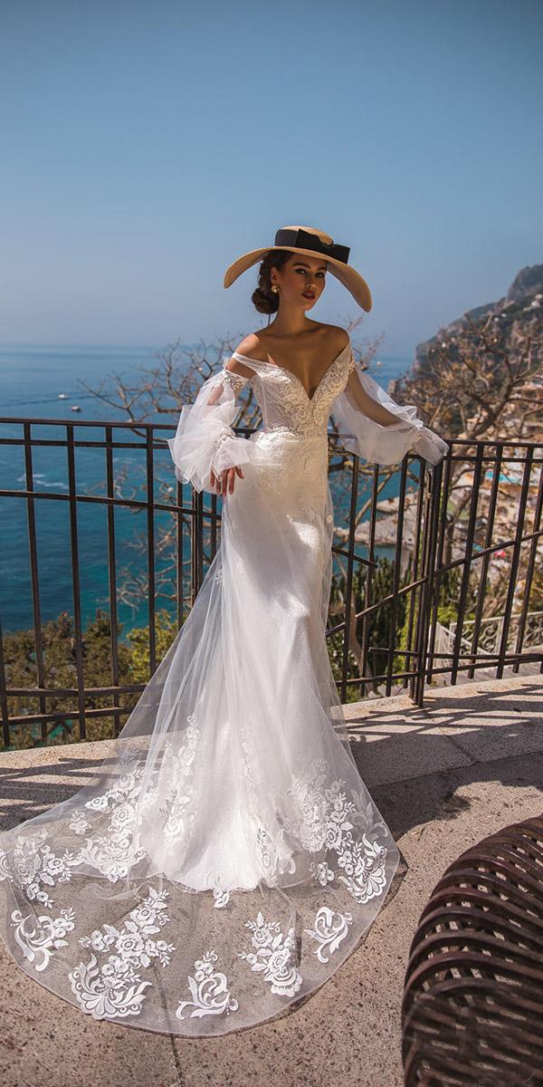 lace wedding dresses with sleeves sheath off the shoulder 2019 la petra