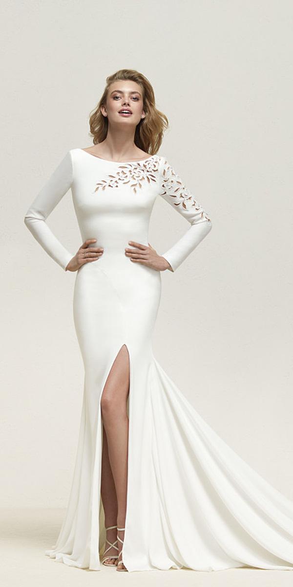 pronovias wedding dresses 2018 with long sleeves floral cut embellishment with train