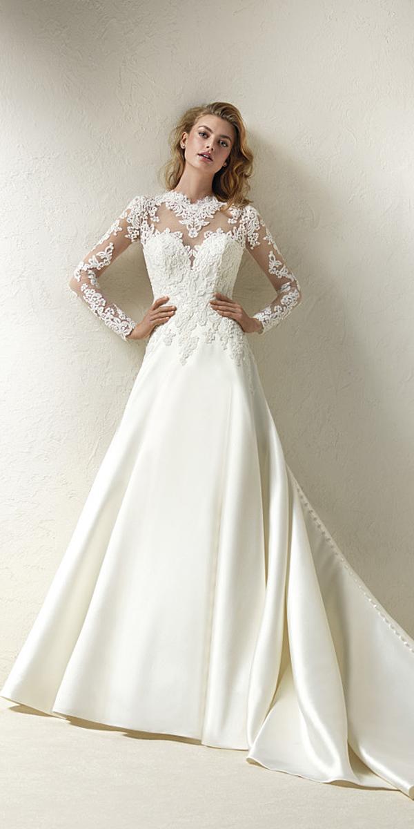 pronovias wedding dresses a line with illusion slleves sweetheart lace 2018
