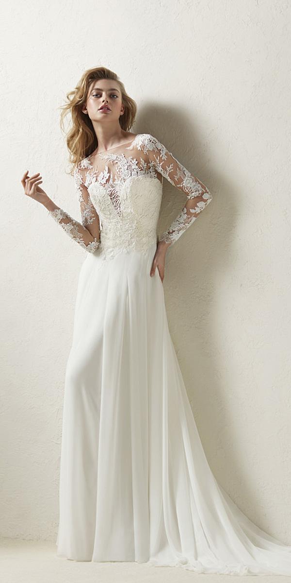 pronovias wedding dresses a line with long illusion sleeves sweetheart floral embellishment 2018