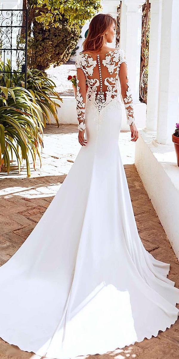 pronovias wedding dresses illusion back tatto effect with lace sleeves with train 2018