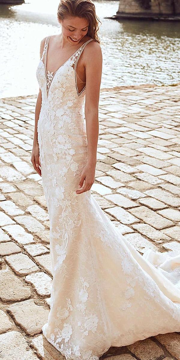pronovias wedding dresses trumpet v neckline lace floral embellishment blush beaded 2018