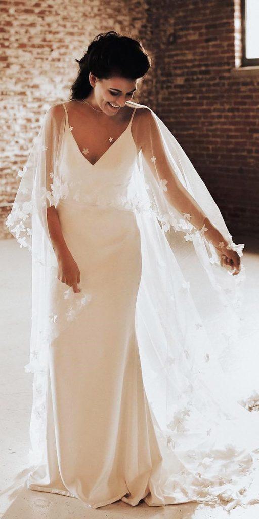  silk wedding dresses sheath with spaghetti straps with cape simple sassiholford