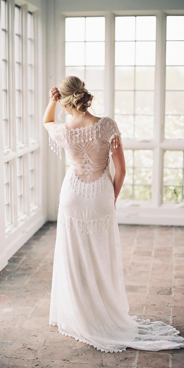 straight lace with short sleeves vintage wedding dresses claire pettibone