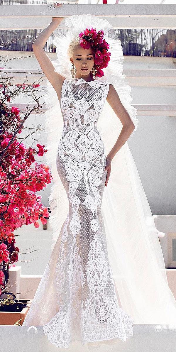 trumpet wedding dresses lace high neck floral embellishment endrit mertiri