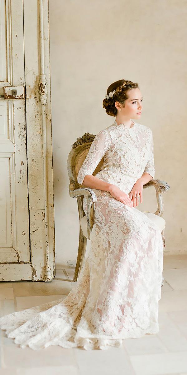 vintage wedding dresses 1920's straight lace high neckline with long sleeves kt merry