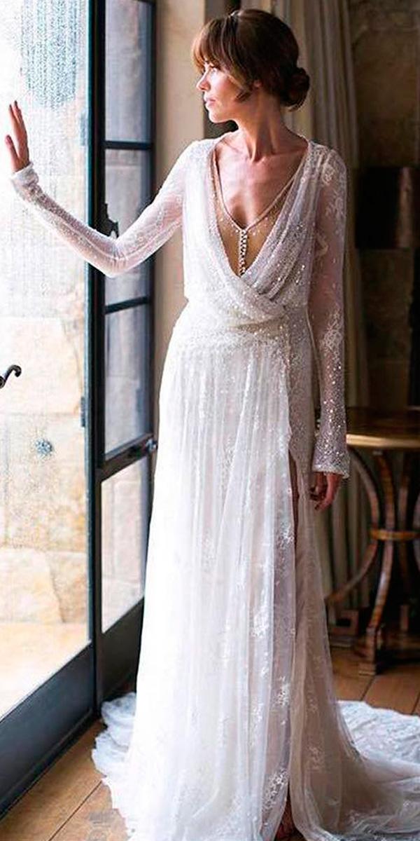 vintage wedding dresses straight v neck with long sleeves inbal dror