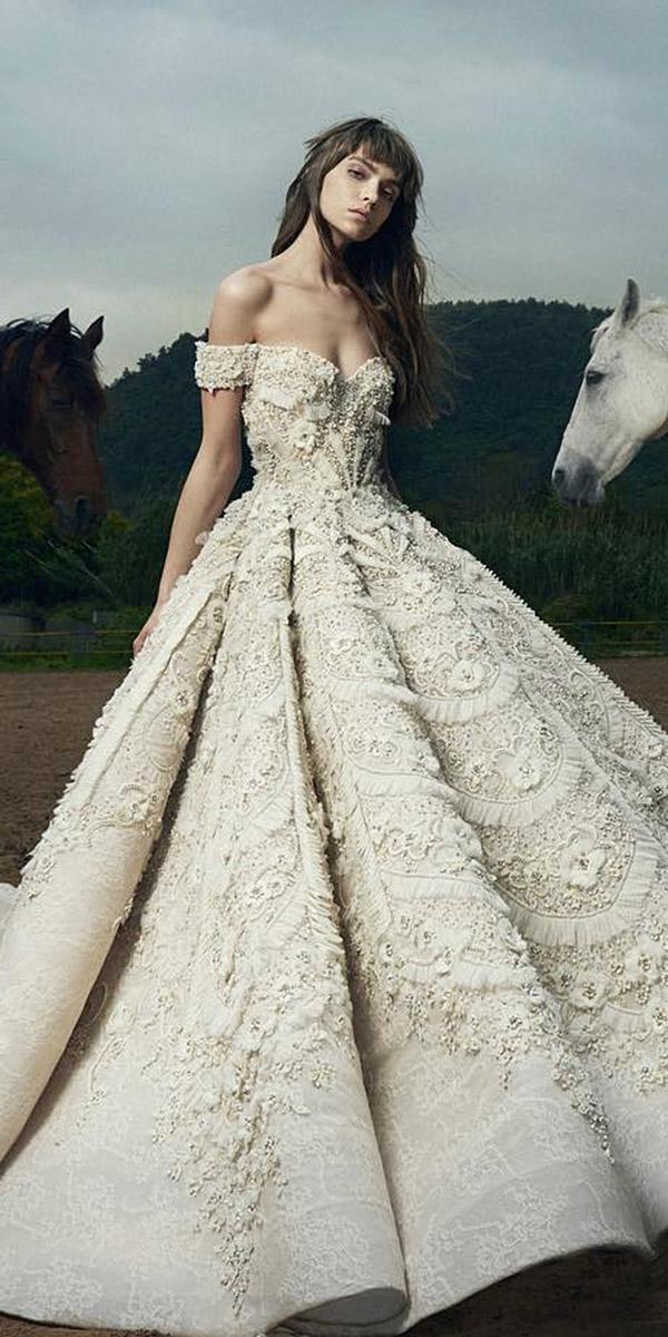 lace ball gown wedding dresses off the shoulder floral details saiid kobeisy