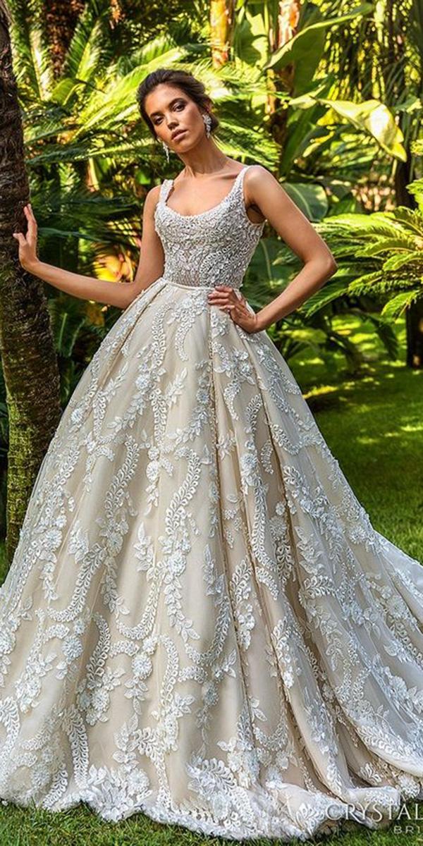 lace ball gown wedding dresses square with spaghetti straps floral beaded crystal desing